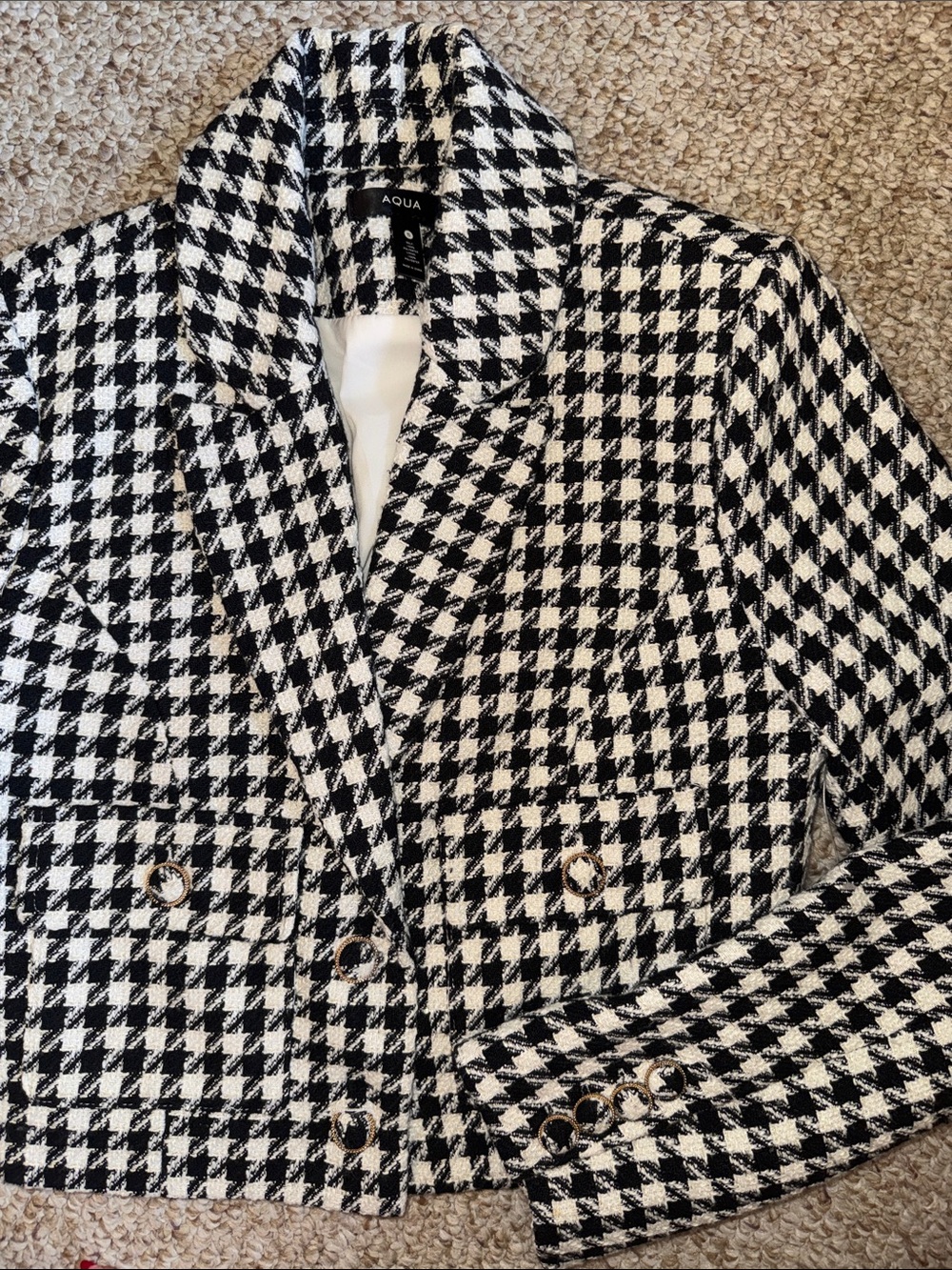 Aqua Black & White Houndstooth Cropped Blazer